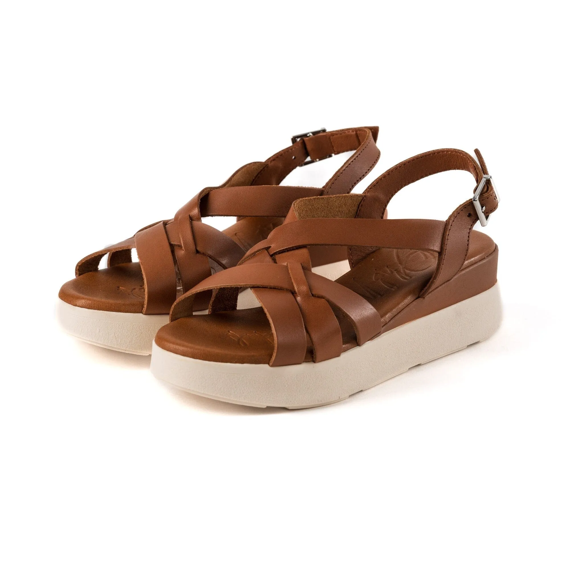 5188 Spanish leather crossed strappy sandals/wedge in Tan and Navy