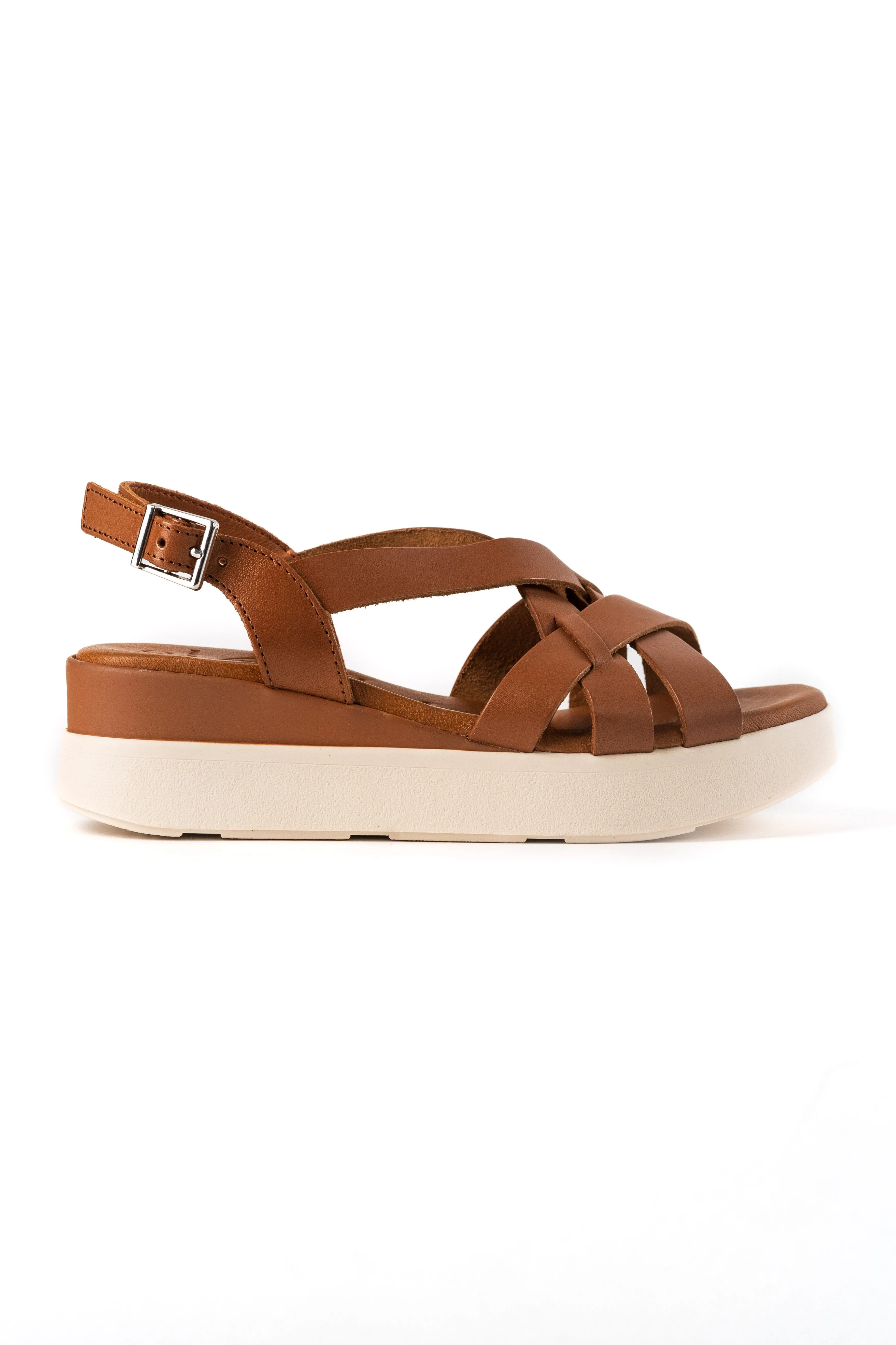 5188 Spanish leather crossed strappy sandals/wedge in Tan and Navy