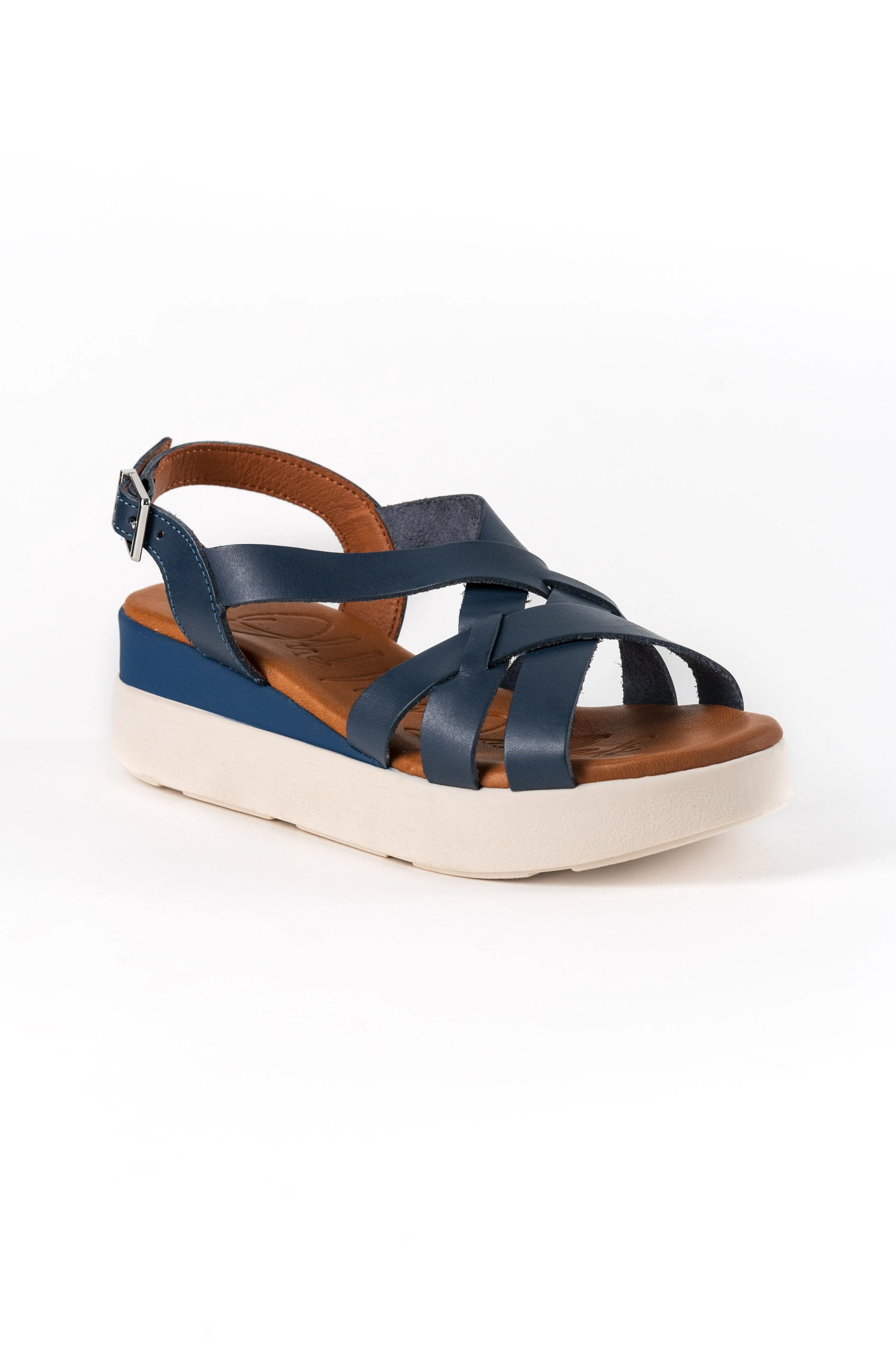 5188 Spanish leather crossed strappy sandals/wedge in Tan and Navy