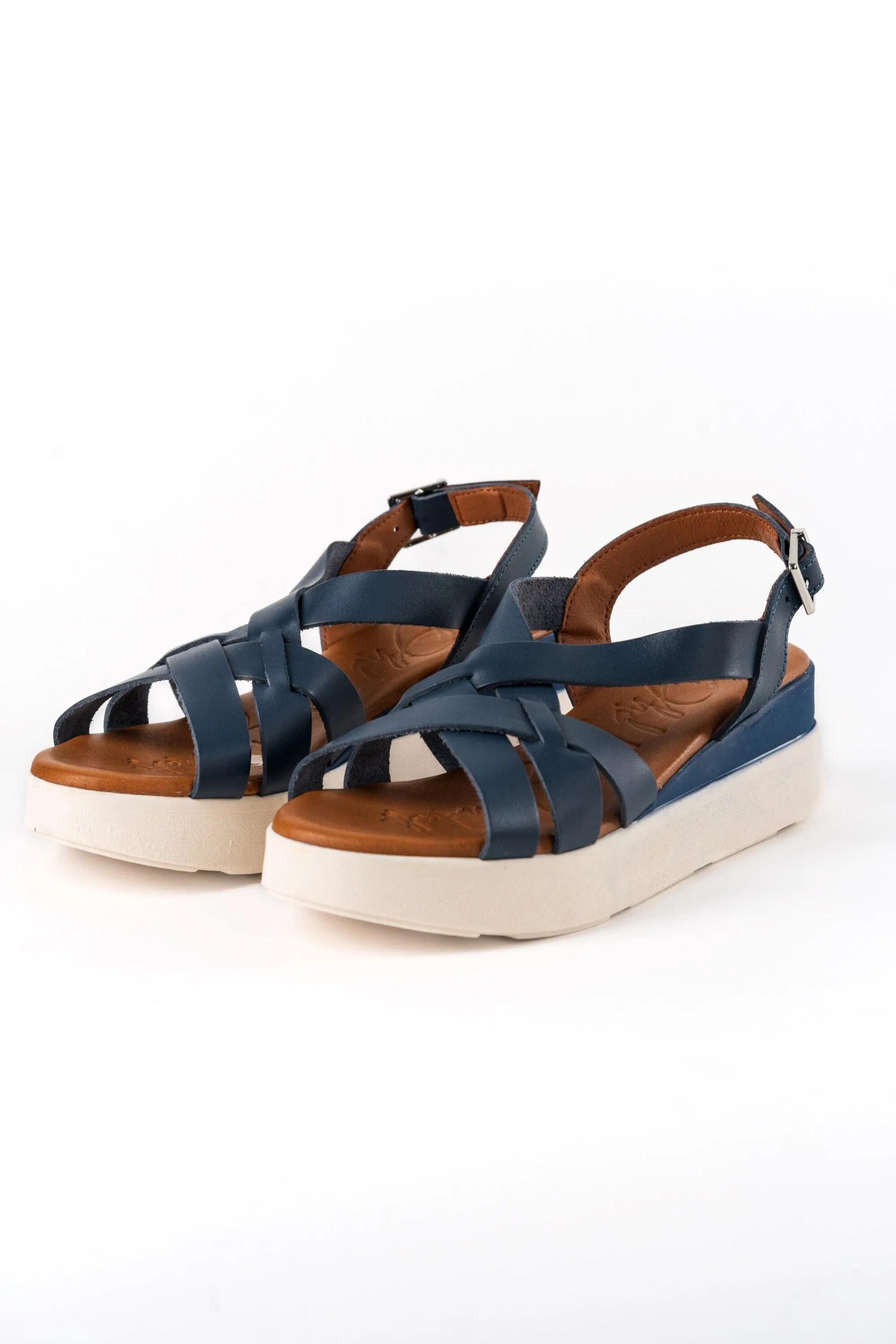 5188 Spanish leather crossed strappy sandals/wedge in Tan and Navy