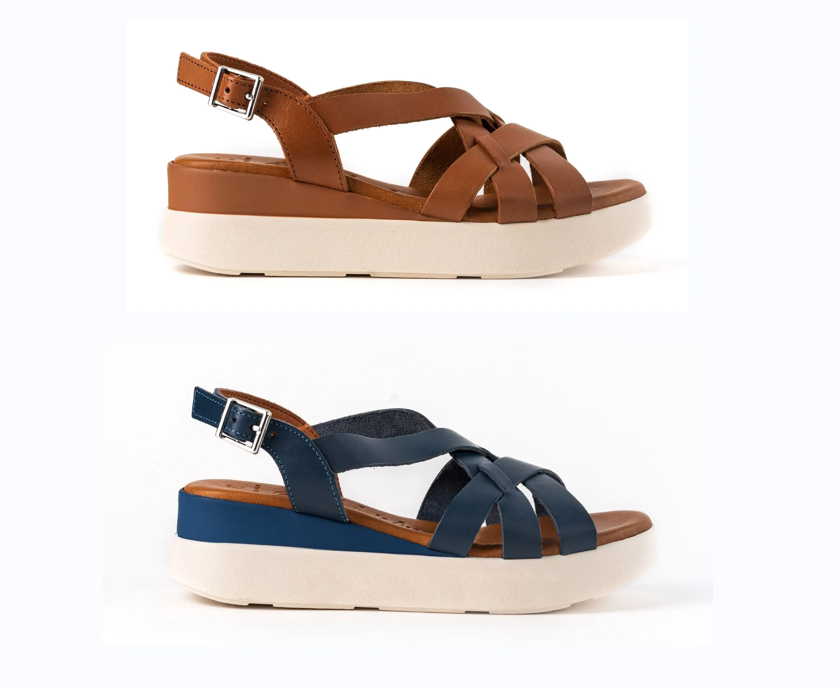 5188 Spanish leather crossed strappy sandals/wedge in Tan and Navy