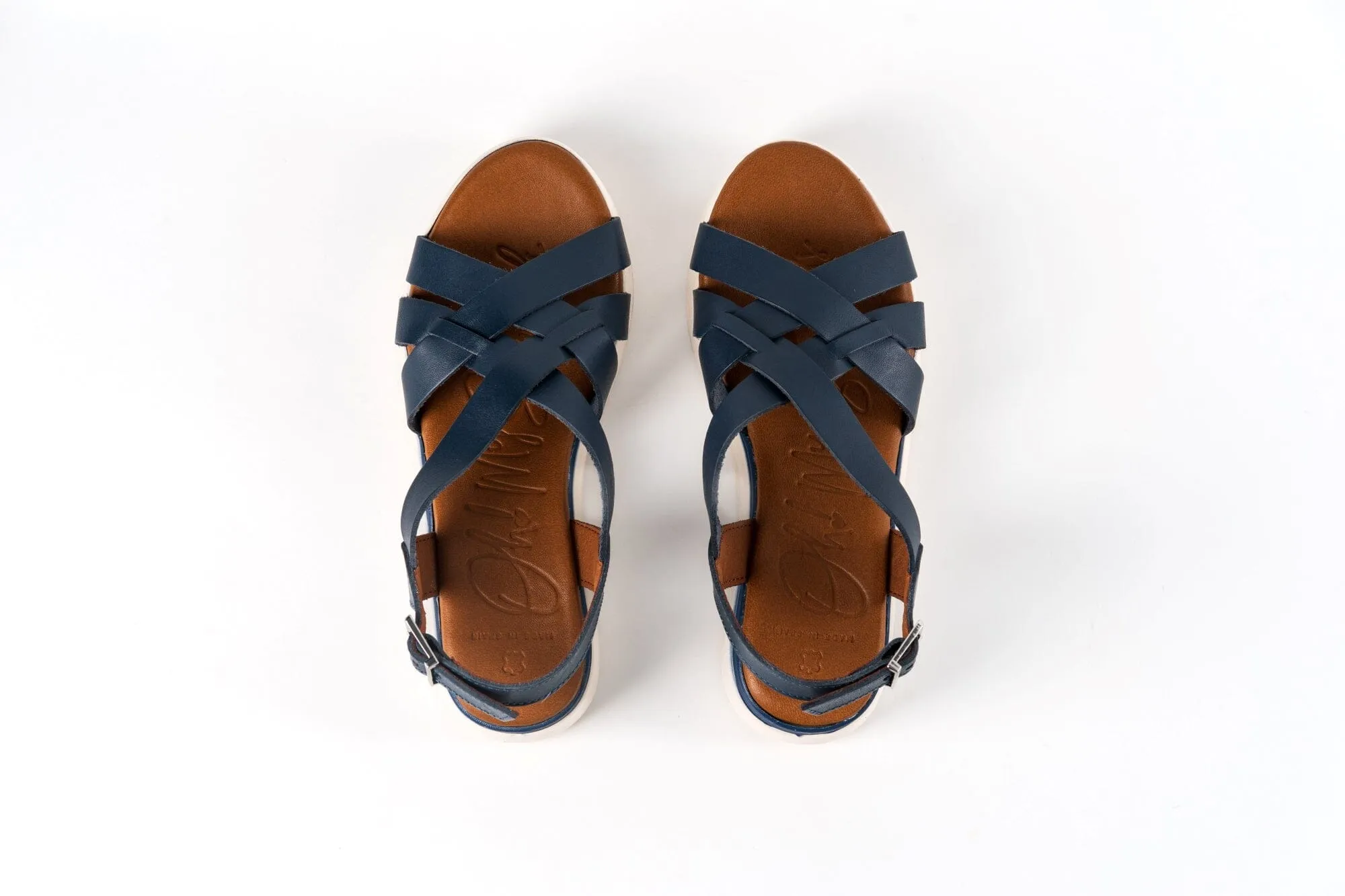 5188 Spanish leather crossed strappy sandals/wedge in Tan and Navy