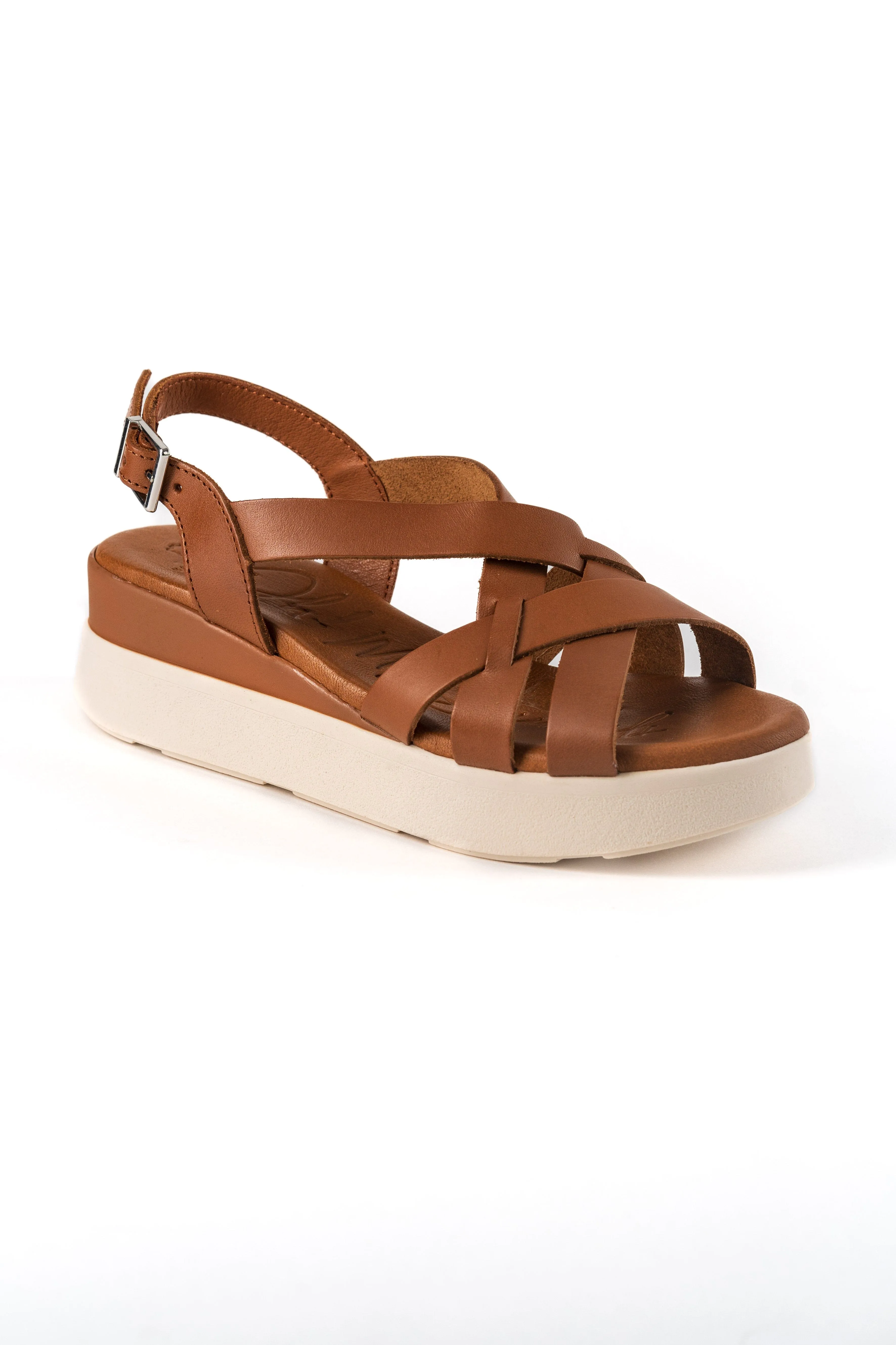 5188 Spanish leather crossed strappy sandals/wedge in Tan and Navy