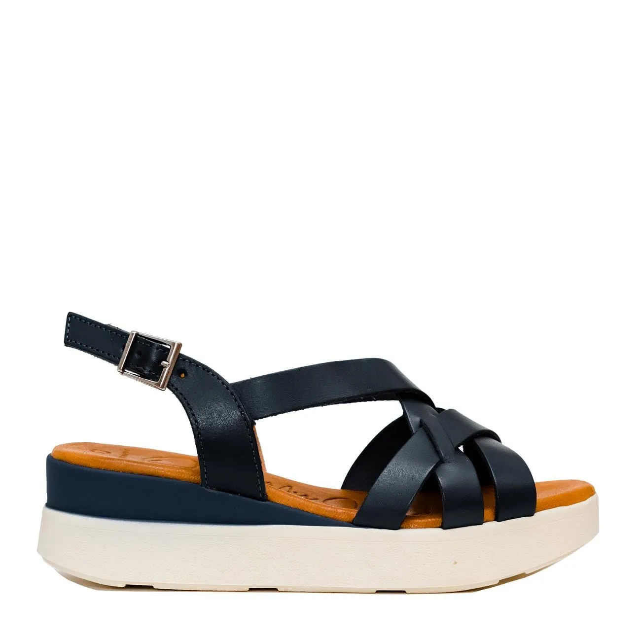 5188 Spanish leather crossed strappy sandals/wedge in Tan and Navy