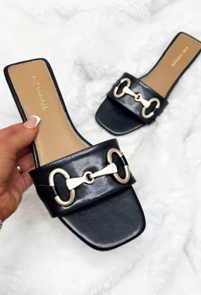 Allure Affair Black Gold Buckle Flat Sandals