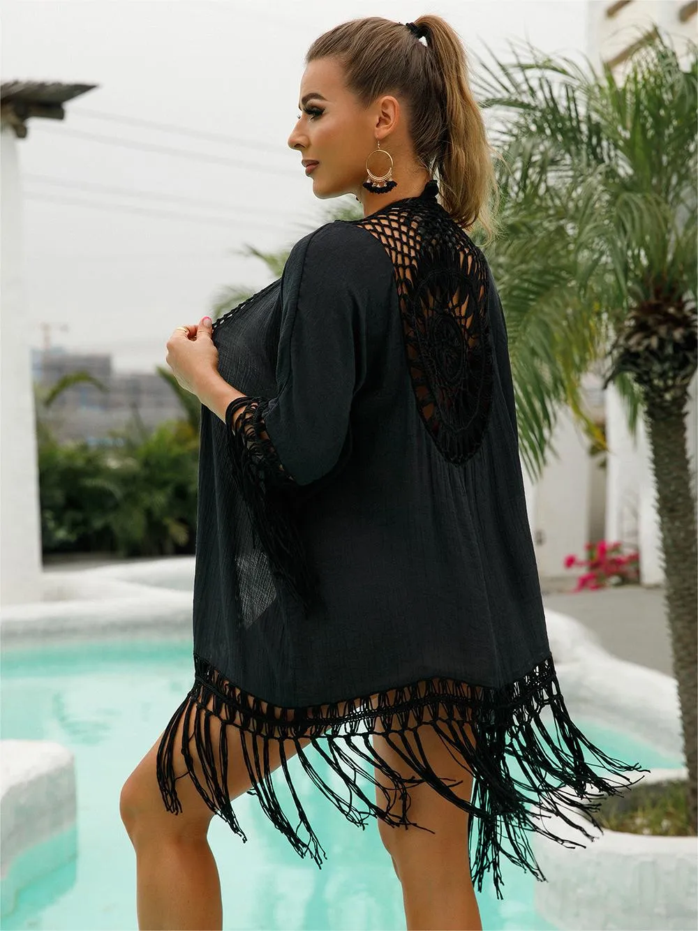 Anna-Kaci Women Boho Crochet Swimsuit Coverup Hollow Out Knitted Tassel Kimono Flowy Beach Cover Up