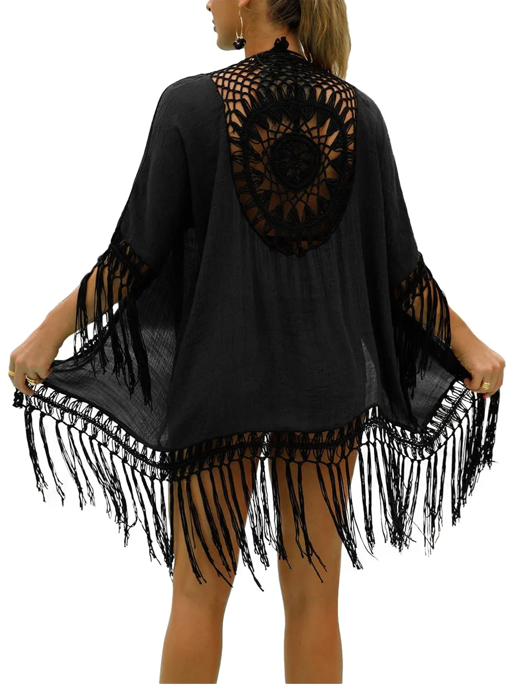 Anna-Kaci Women Boho Crochet Swimsuit Coverup Hollow Out Knitted Tassel Kimono Flowy Beach Cover Up