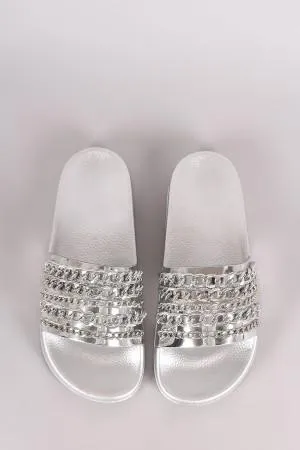 Bamboo Metallic Chain Embellished Open Toe Slide Sandal