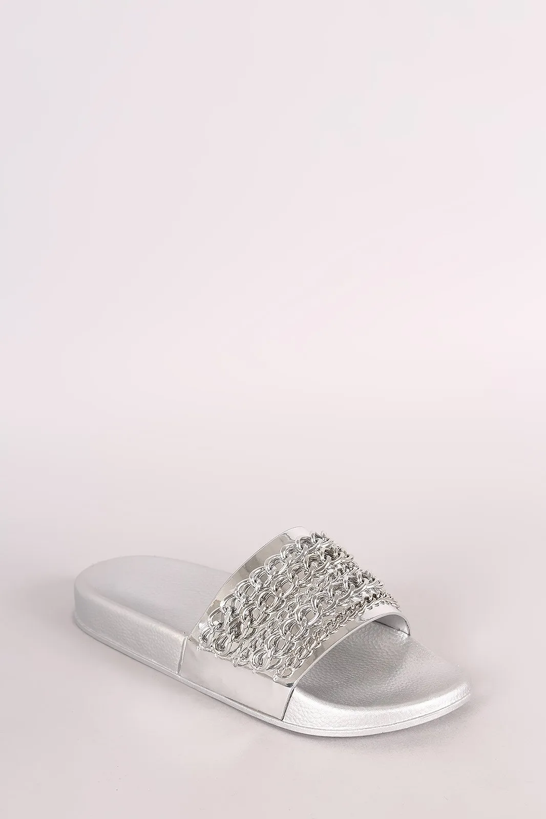 Bamboo Metallic Chain Embellished Open Toe Slide Sandal