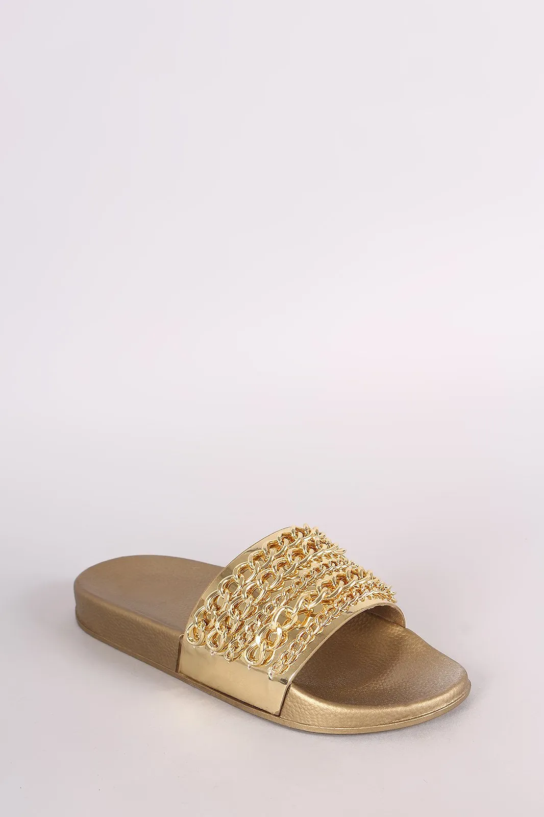 Bamboo Metallic Chain Embellished Open Toe Slide Sandal