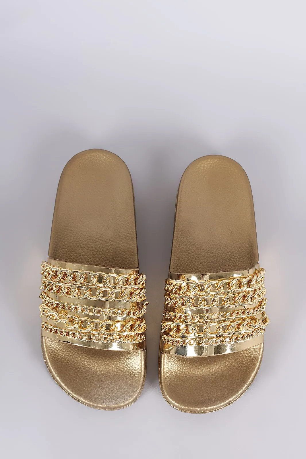 Bamboo Metallic Chain Embellished Open Toe Slide Sandal