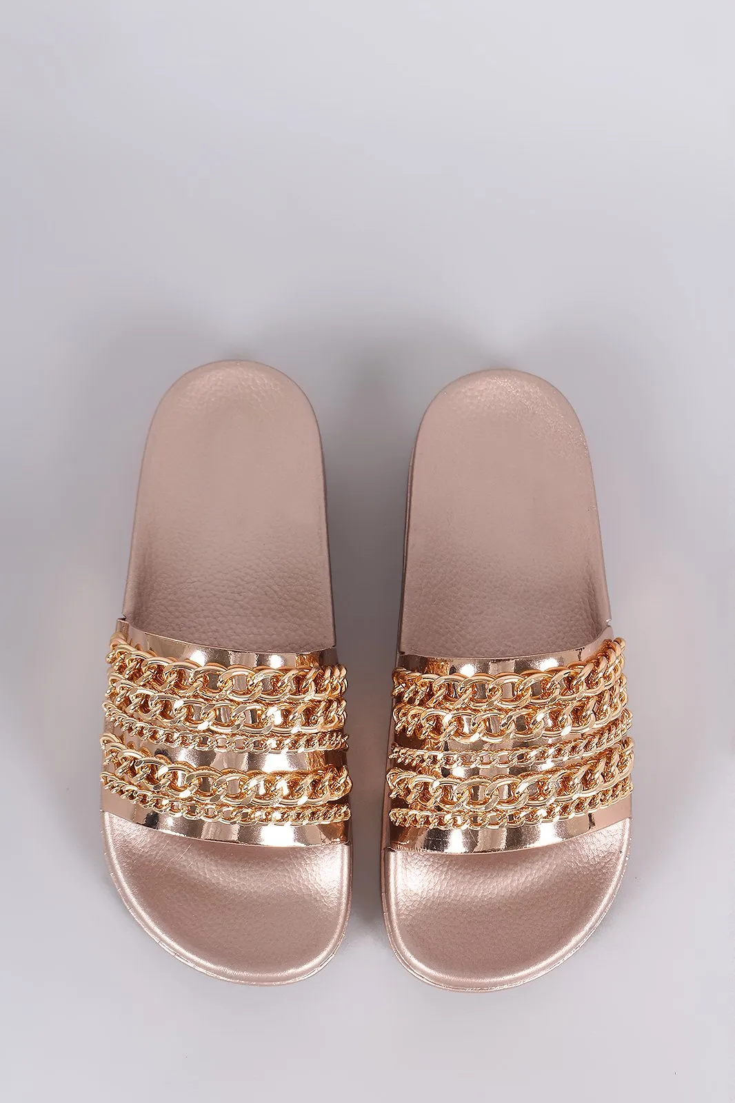 Bamboo Metallic Chain Embellished Open Toe Slide Sandal