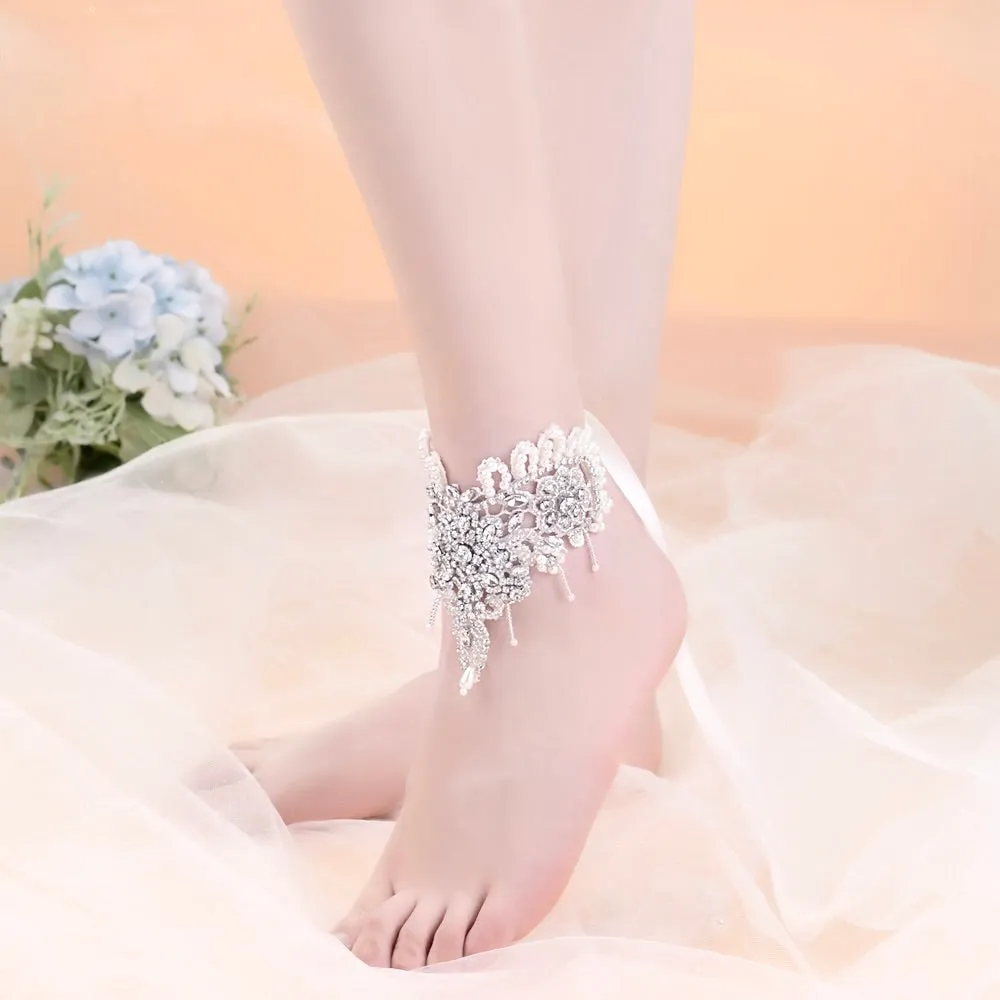 Beaded Lace Wedding Ankle Jewelry, Barefoot Sandals