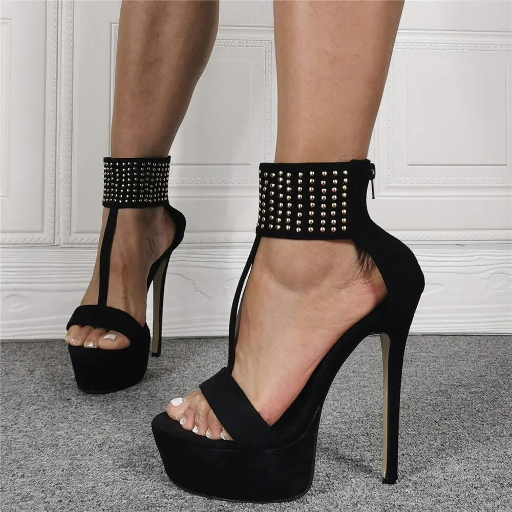 Black Rhinestone Platform Buckle High Heel Sandals