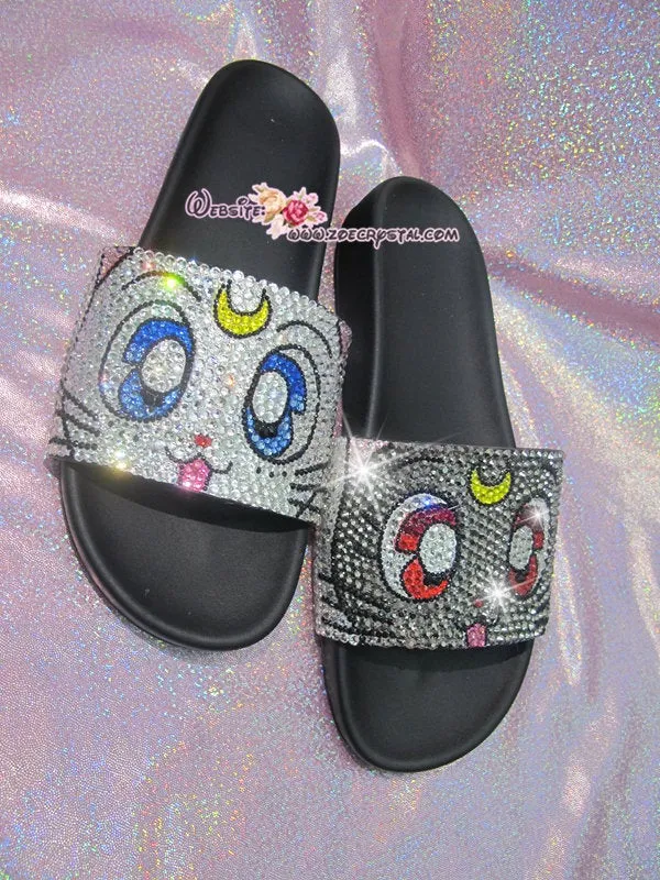 Bling Your SANDALS SLIDES Slippers for Summer Beach, Wedding, Festival - Example of Bling Luna& Artemis - Bedazzled Swarovski Rhinestone