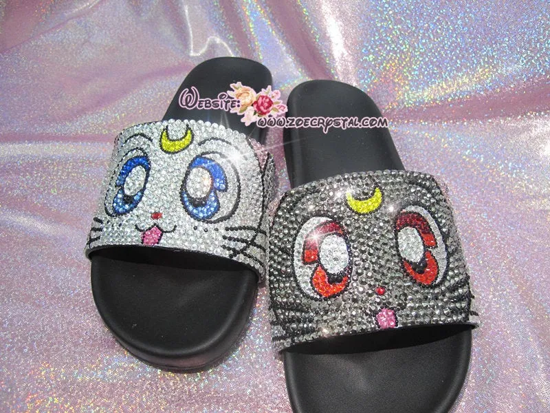 Bling Your SANDALS SLIDES Slippers for Summer Beach, Wedding, Festival - Example of Bling Luna& Artemis - Bedazzled Swarovski Rhinestone