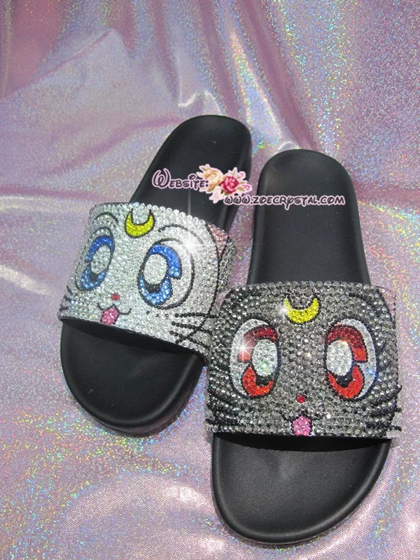 Bling Your SANDALS SLIDES Slippers for Summer Beach, Wedding, Festival - Example of Bling Luna& Artemis - Bedazzled Swarovski Rhinestone