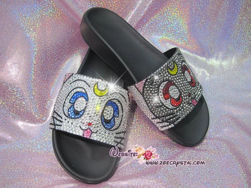 Bling Your SANDALS SLIDES Slippers for Summer Beach, Wedding, Festival - Example of Bling Luna& Artemis - Bedazzled Swarovski Rhinestone