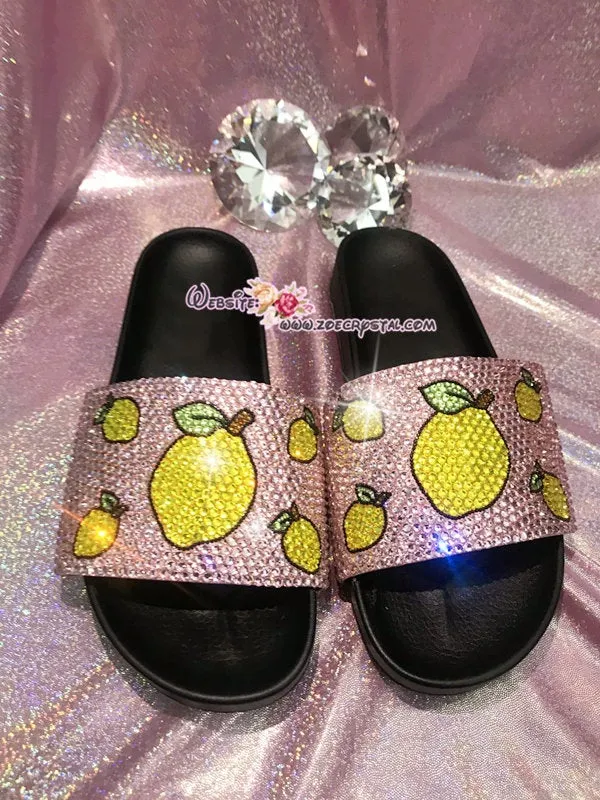 Bling Your SANDALS SLIDES Slippers for Summer Beach, Wedding, Festival with Bedazzled Swarovski Crystal Rhinestones -Lemon Fruits