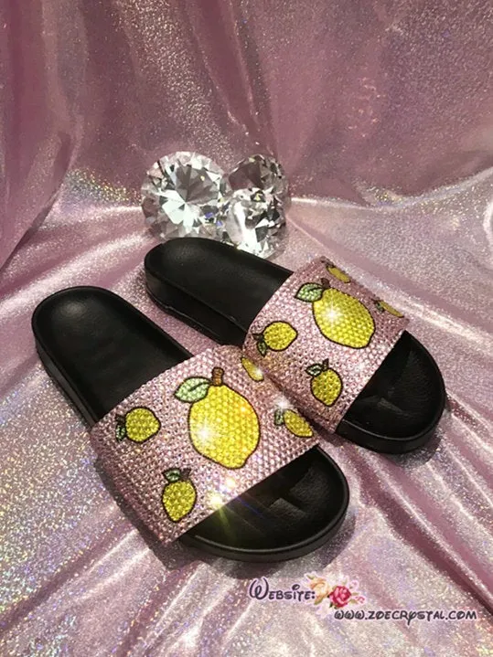 Bling Your SANDALS SLIDES Slippers for Summer Beach, Wedding, Festival with Bedazzled Swarovski Crystal Rhinestones -Lemon Fruits