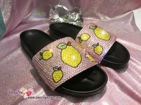 Bling Your SANDALS SLIDES Slippers for Summer Beach, Wedding, Festival with Bedazzled Swarovski Crystal Rhinestones -Lemon Fruits