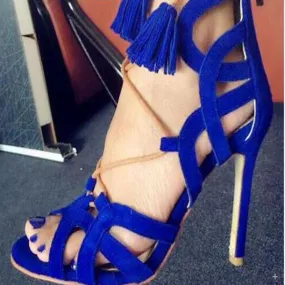 Blue Fringe Suede High Heel Sandals