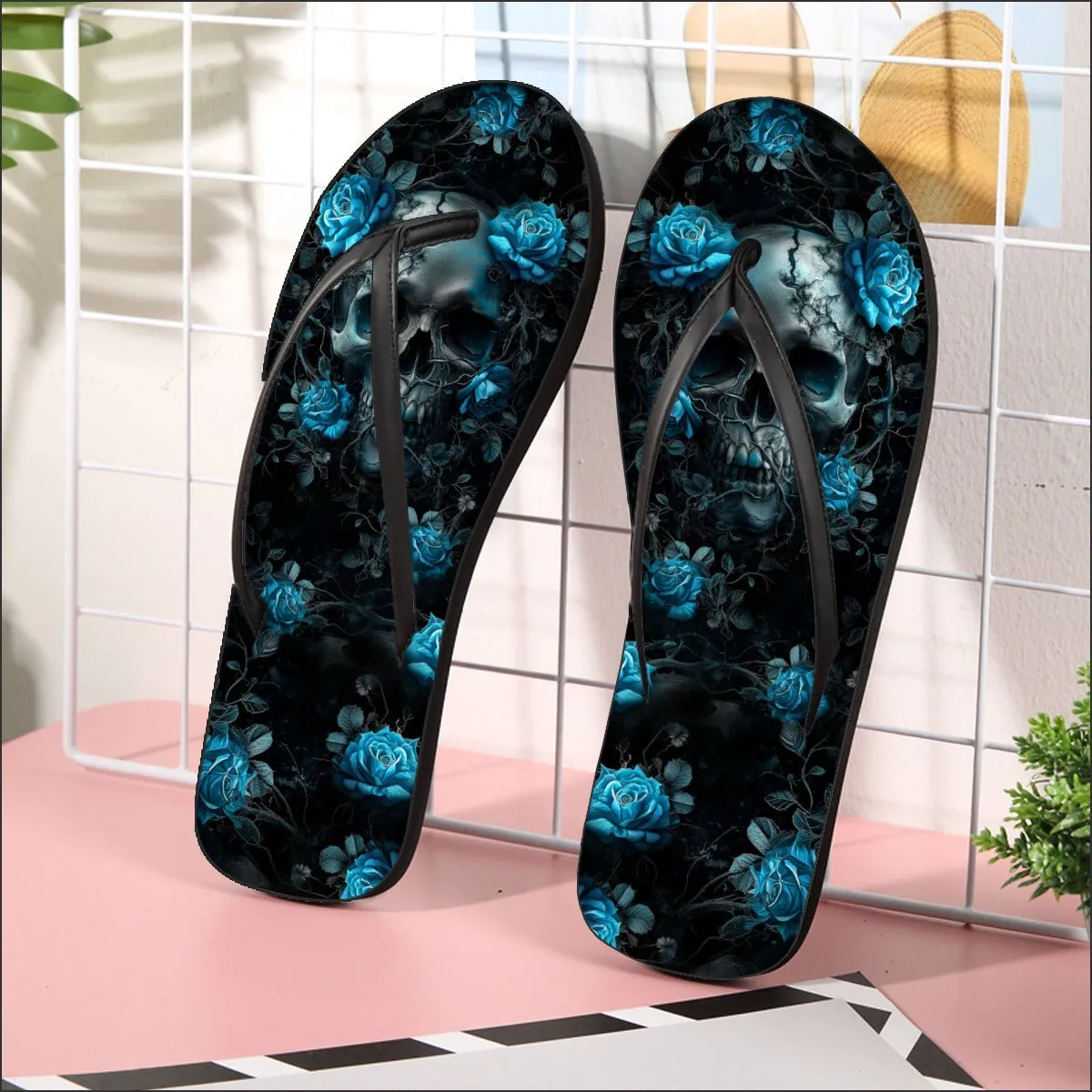 Blue Skull Rose Gothic Flip Flops for Women Beach