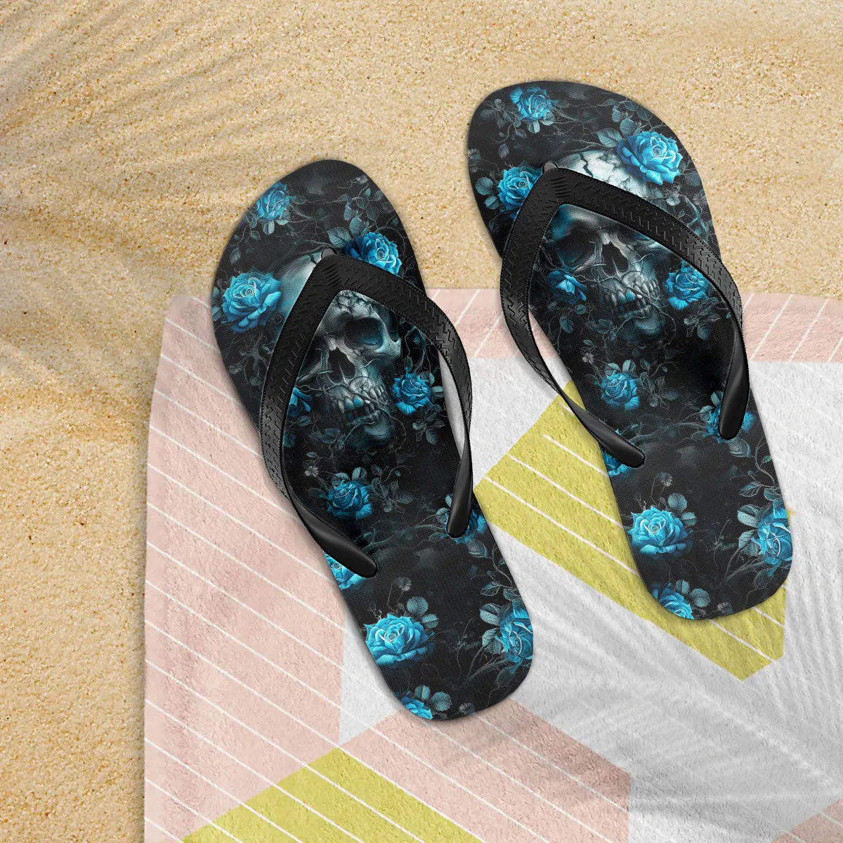 Blue Skull Rose Gothic Flip Flops for Women Beach