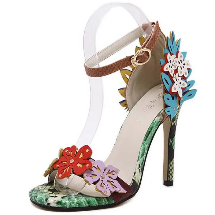 Buckle Cutout Stiletto Heel Snakeskin  Sandals