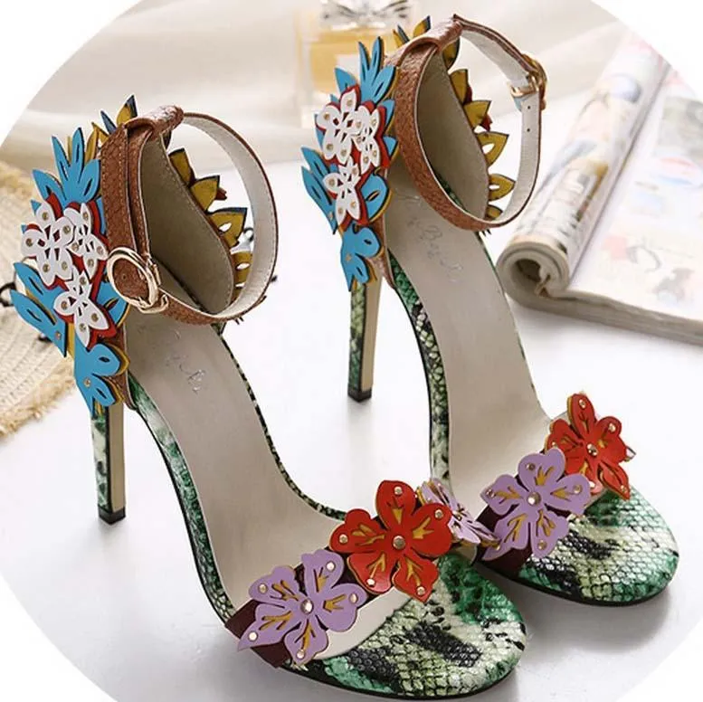 Buckle Cutout Stiletto Heel Snakeskin  Sandals