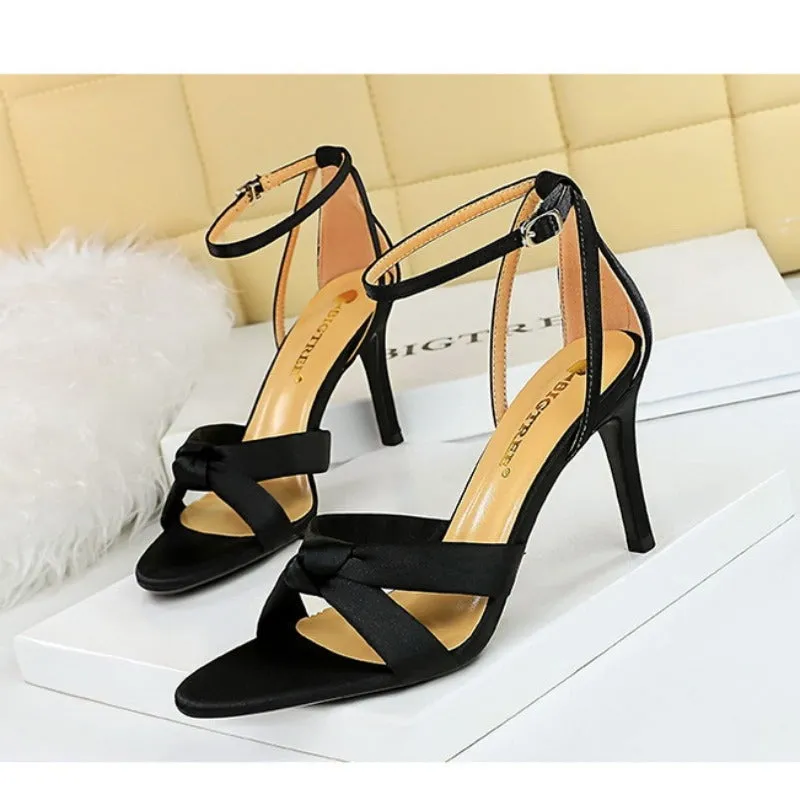 Cross Strap Stiletto Satin Open Toe Sandals