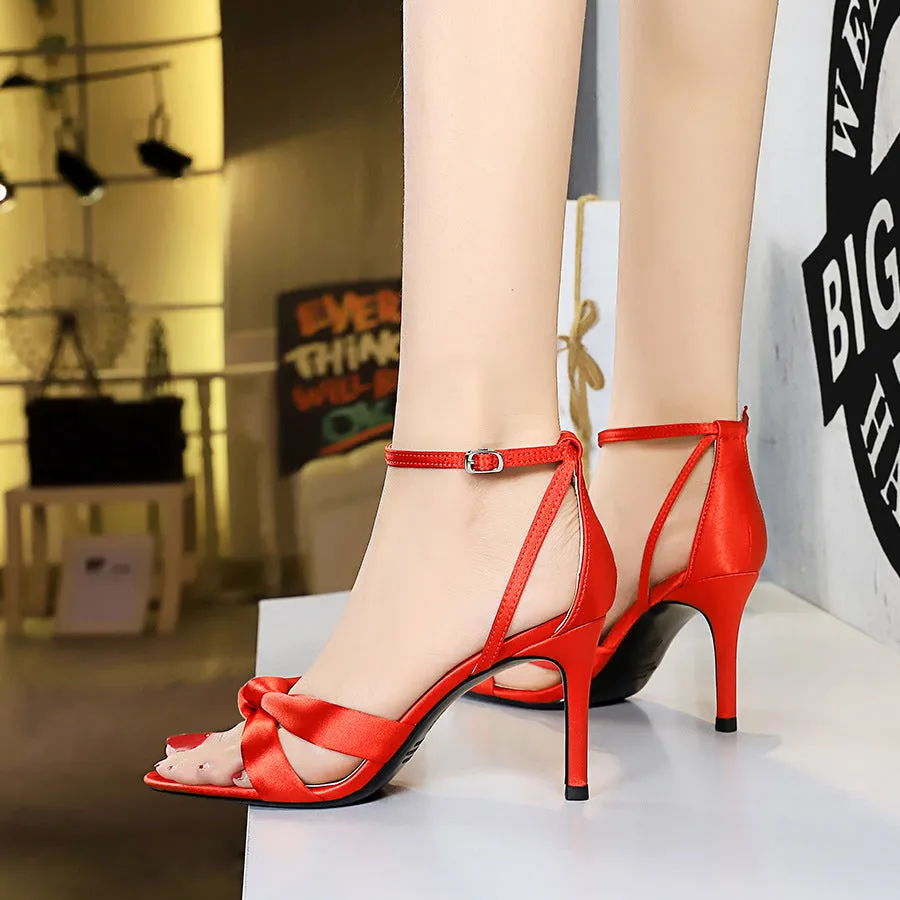 Cross Strap Stiletto Satin Open Toe Sandals