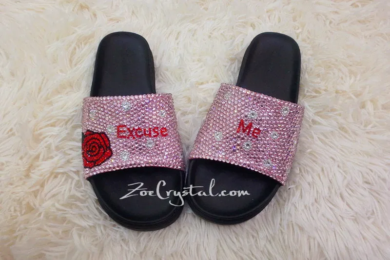 Customized Bling Bedazzled SANDALS / SLIDES / Slippers with Rose and Words Fashionable Cool Shinny Sparkly Crystal Rhinestone Glitter