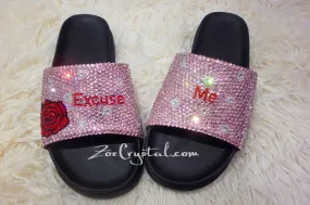 Customized Bling Bedazzled SANDALS / SLIDES / Slippers with Rose and Words Fashionable Cool Shinny Sparkly Crystal Rhinestone Glitter