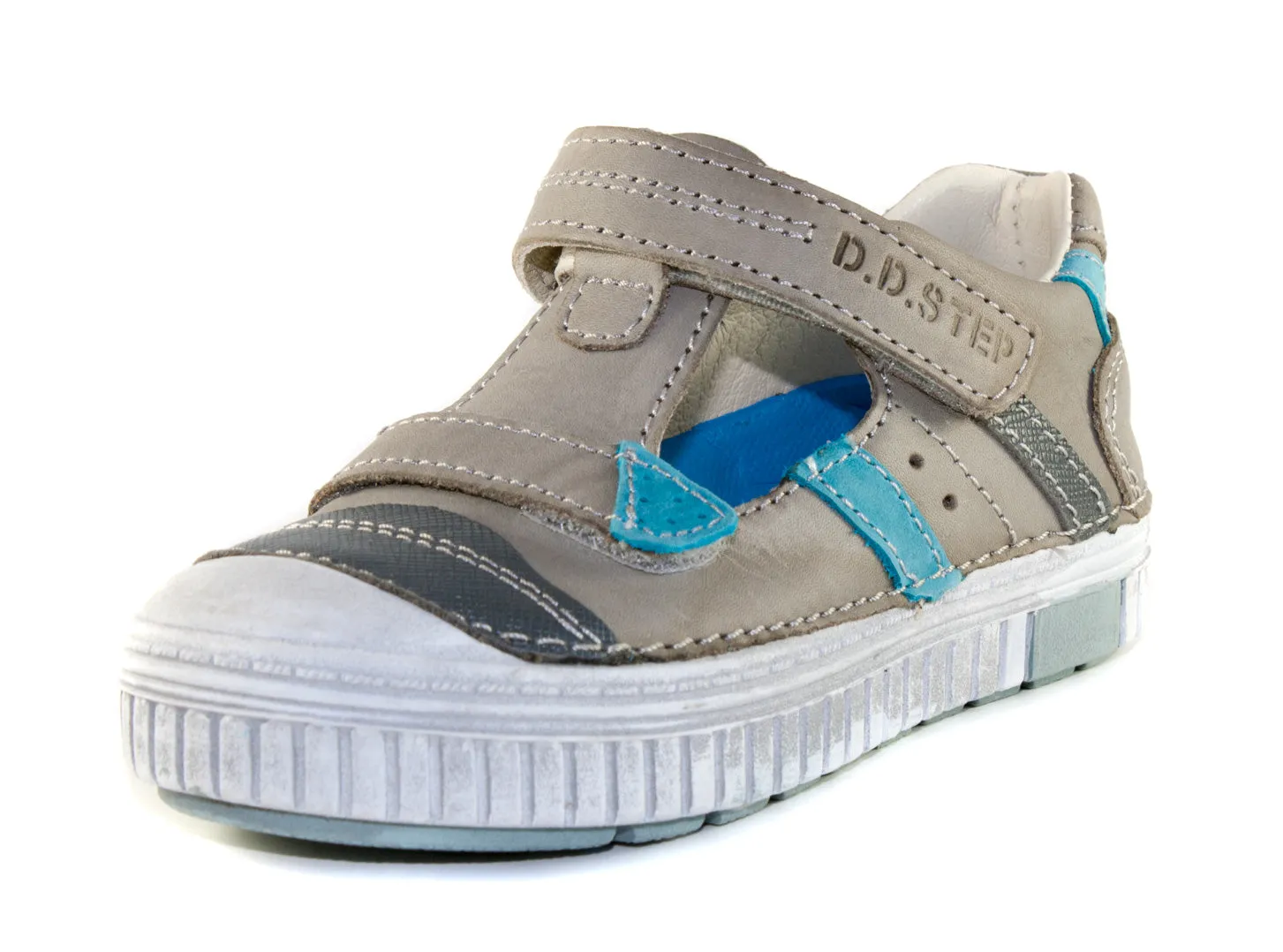 D.D. Step little kid boy double strap sandals/open shoes grey with blue stripe size US 8.5-12