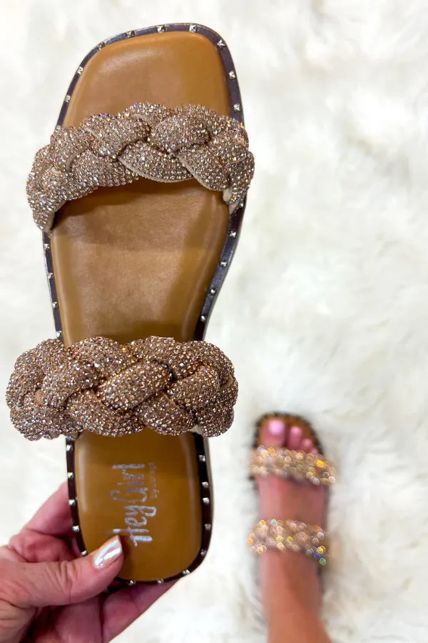 Don't Get It Twisted Sandals Champagne Rhinestones - ONLINE ONLY