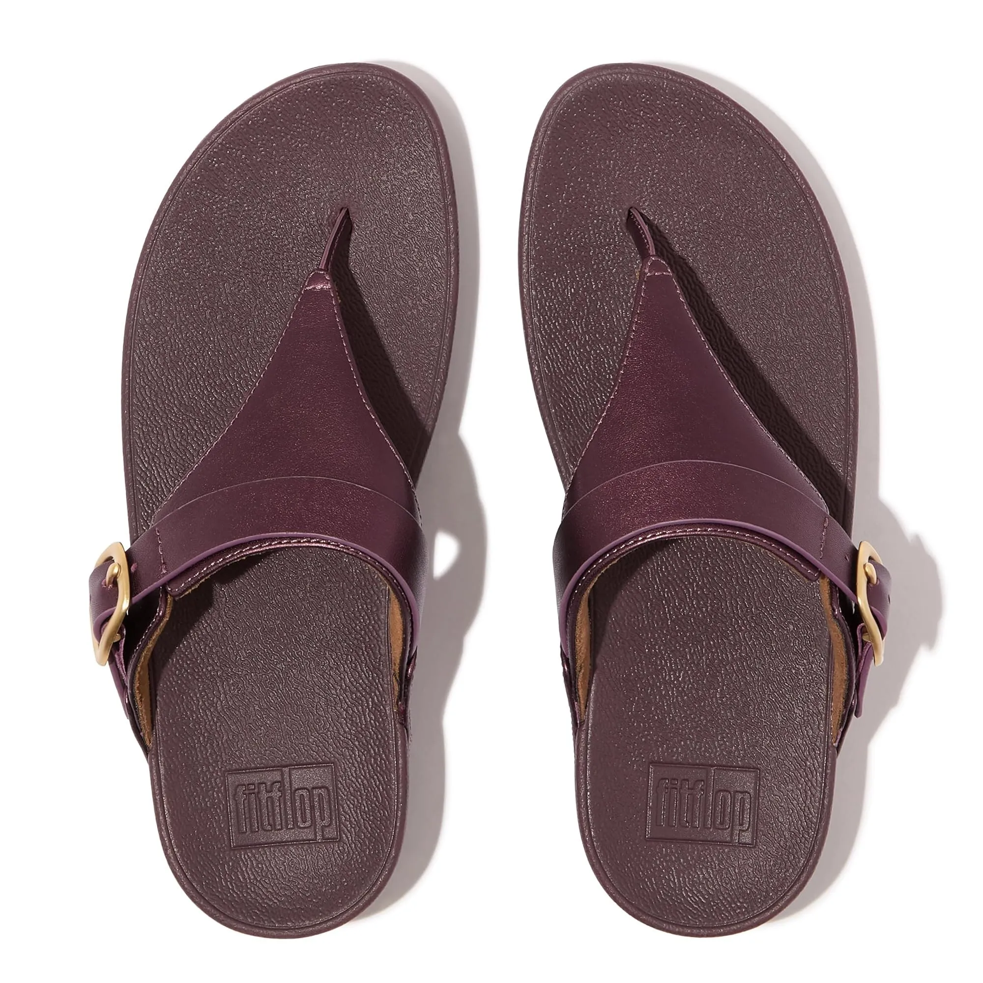 FitFlop Women's Lulu Adjustable-Buckle Leather Toe-Post Sandals Wedge, Metallic Mauve Wine