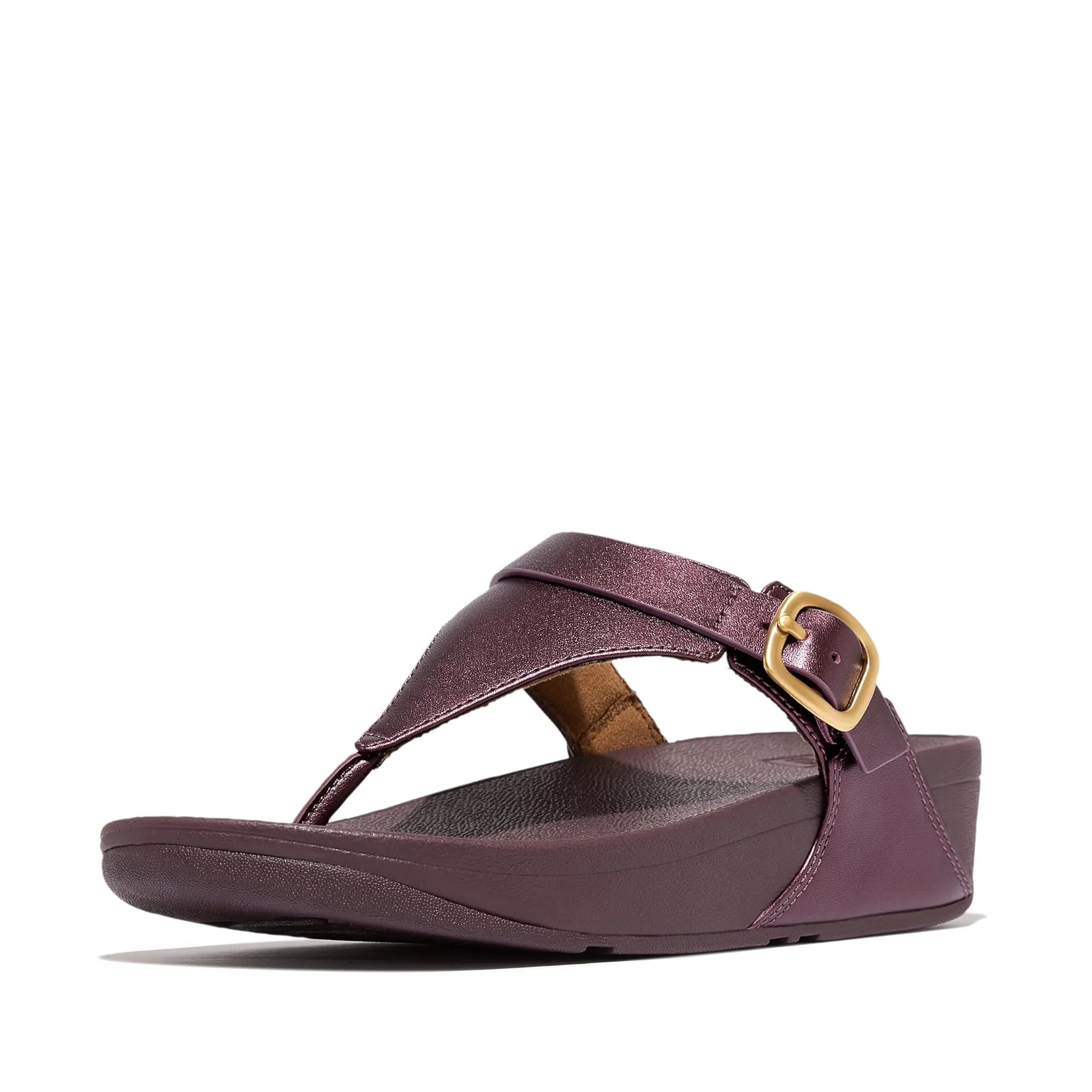 FitFlop Women's Lulu Adjustable-Buckle Leather Toe-Post Sandals Wedge, Metallic Mauve Wine