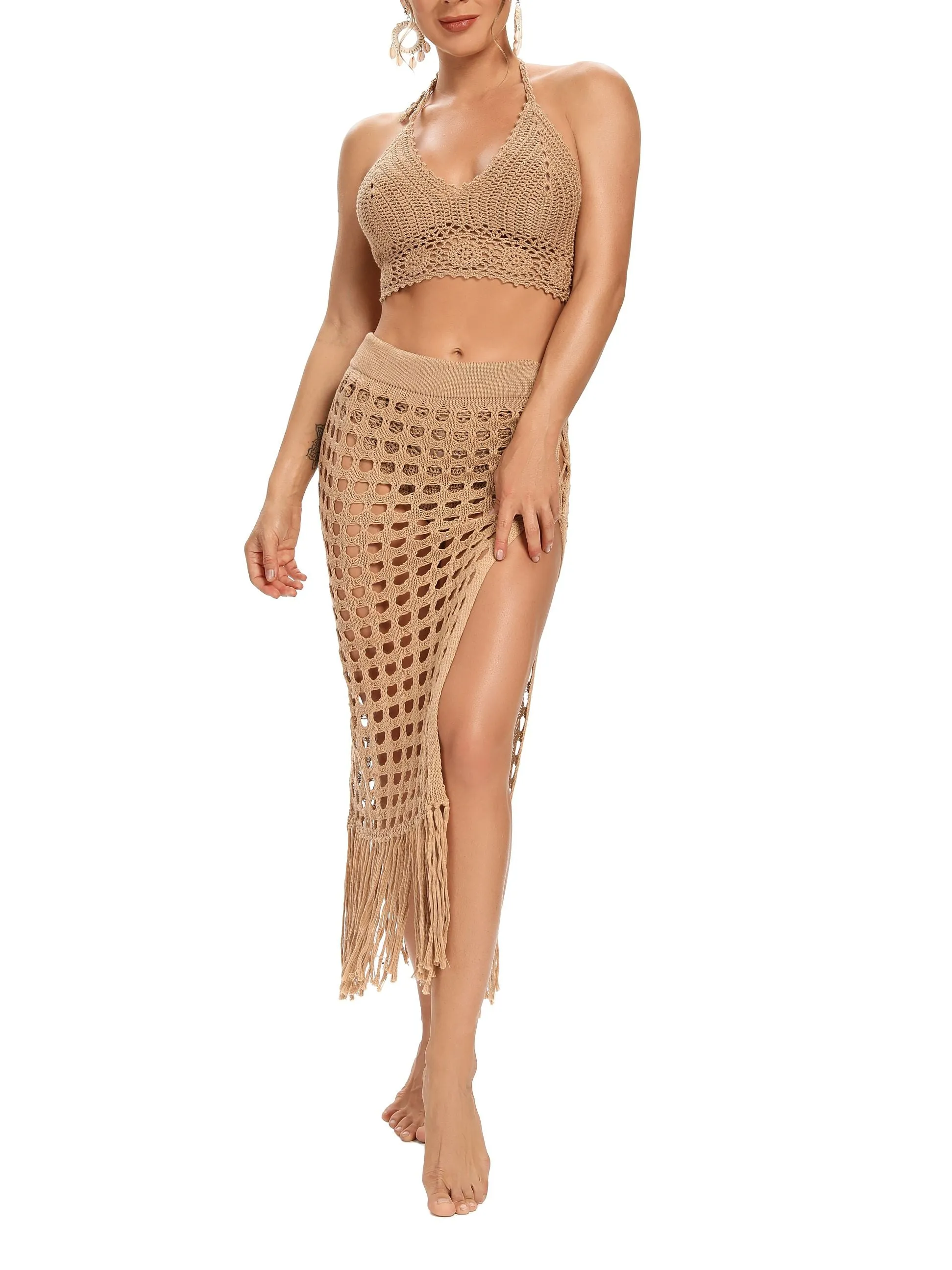 Get Summer-Ready with Our Hollow Out Crochet Cover Up Skirts Beach Maxi Skirt with Tassels - Perfect for Beach Vacations