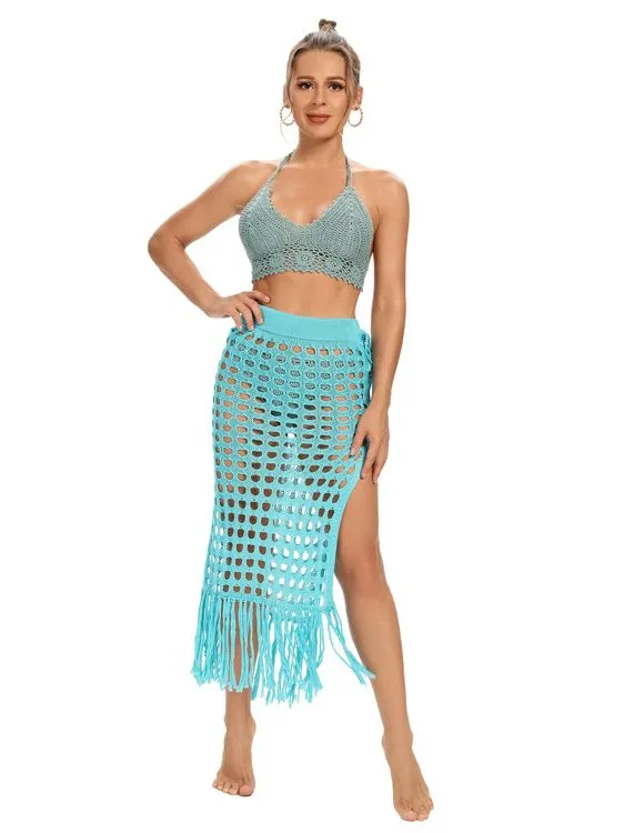 Get Summer-Ready with Our Hollow Out Crochet Cover Up Skirts Beach Maxi Skirt with Tassels - Perfect for Beach Vacations