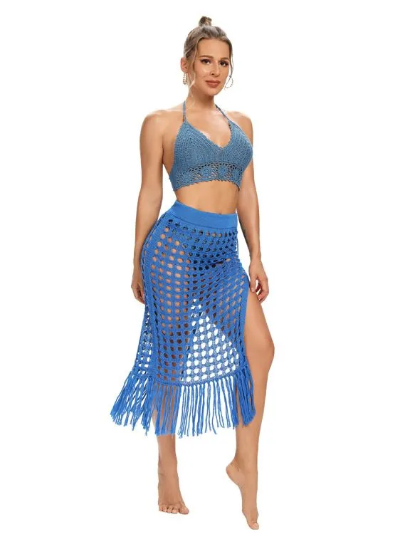 Get Summer-Ready with Our Hollow Out Crochet Cover Up Skirts Beach Maxi Skirt with Tassels - Perfect for Beach Vacations