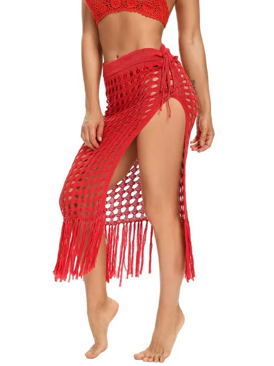 Get Summer-Ready with Our Hollow Out Crochet Cover Up Skirts Beach Maxi Skirt with Tassels - Perfect for Beach Vacations