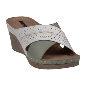 Hayden Perforated Sage/White Contrast Cross Strap Wedge Sandals