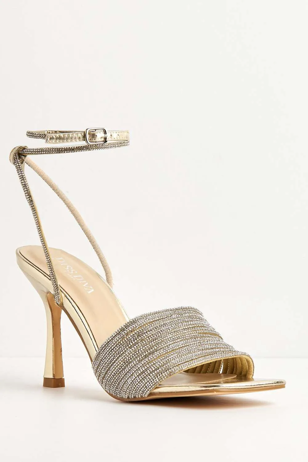 Izza Diamante Embellished Lace Up Ankle Strap Heels in Gold