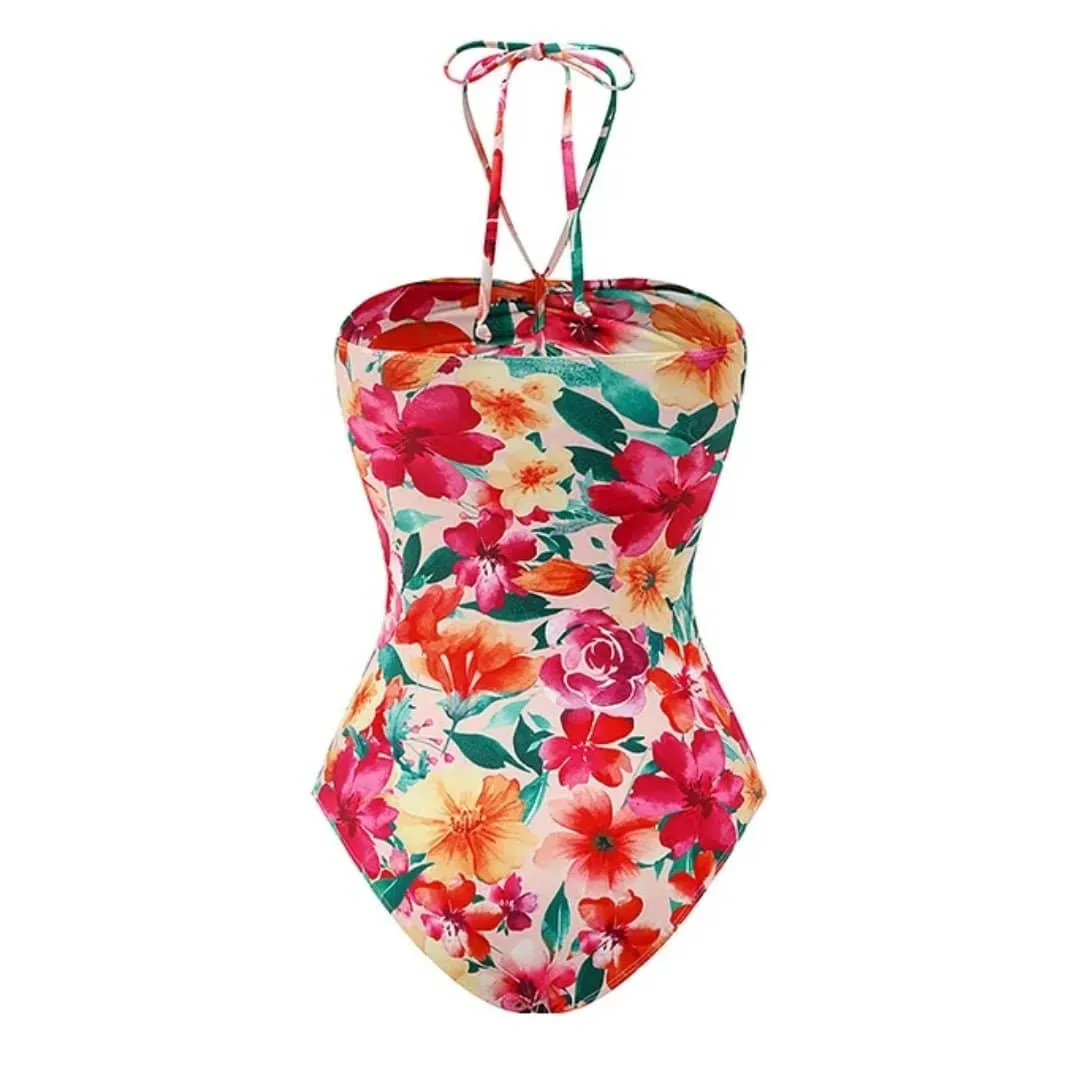 Julia Halter Neck Cut Out Floral Swimsuit with Floral Skirt Cover-Up