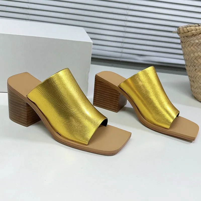 Leather Open Toe Block Heel Mule Sandals