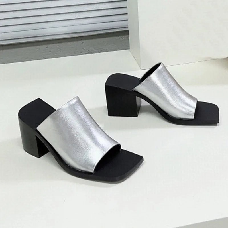 Leather Open Toe Block Heel Mule Sandals