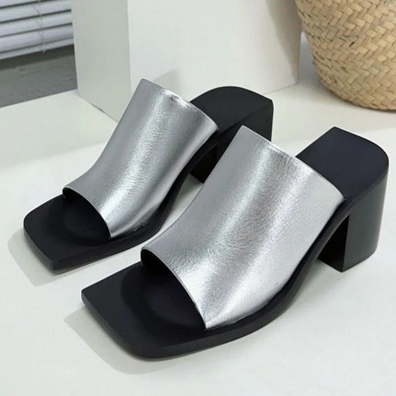 Leather Open Toe Block Heel Mule Sandals