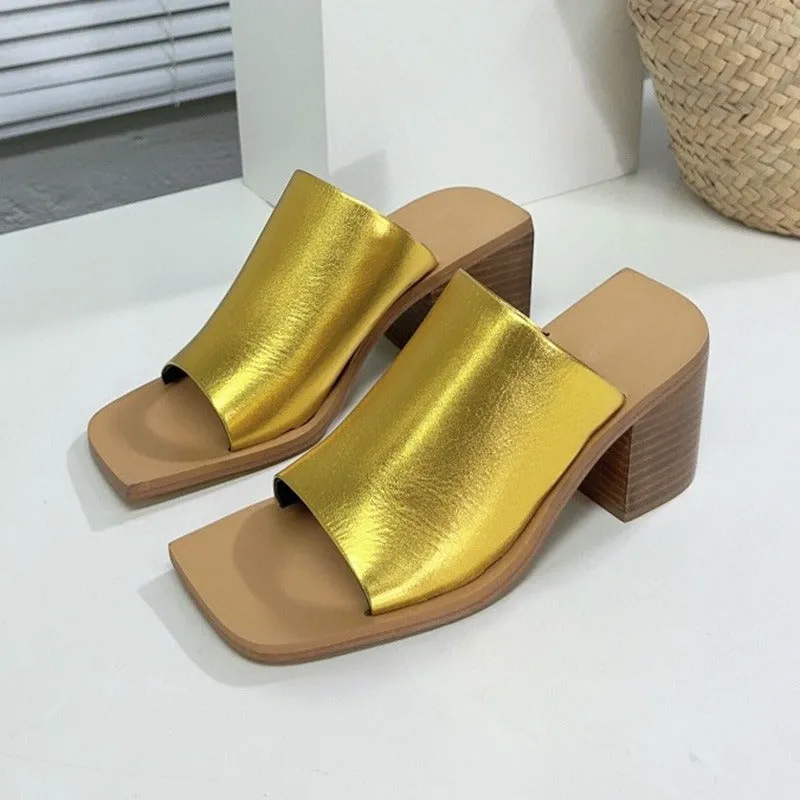 Leather Open Toe Block Heel Mule Sandals