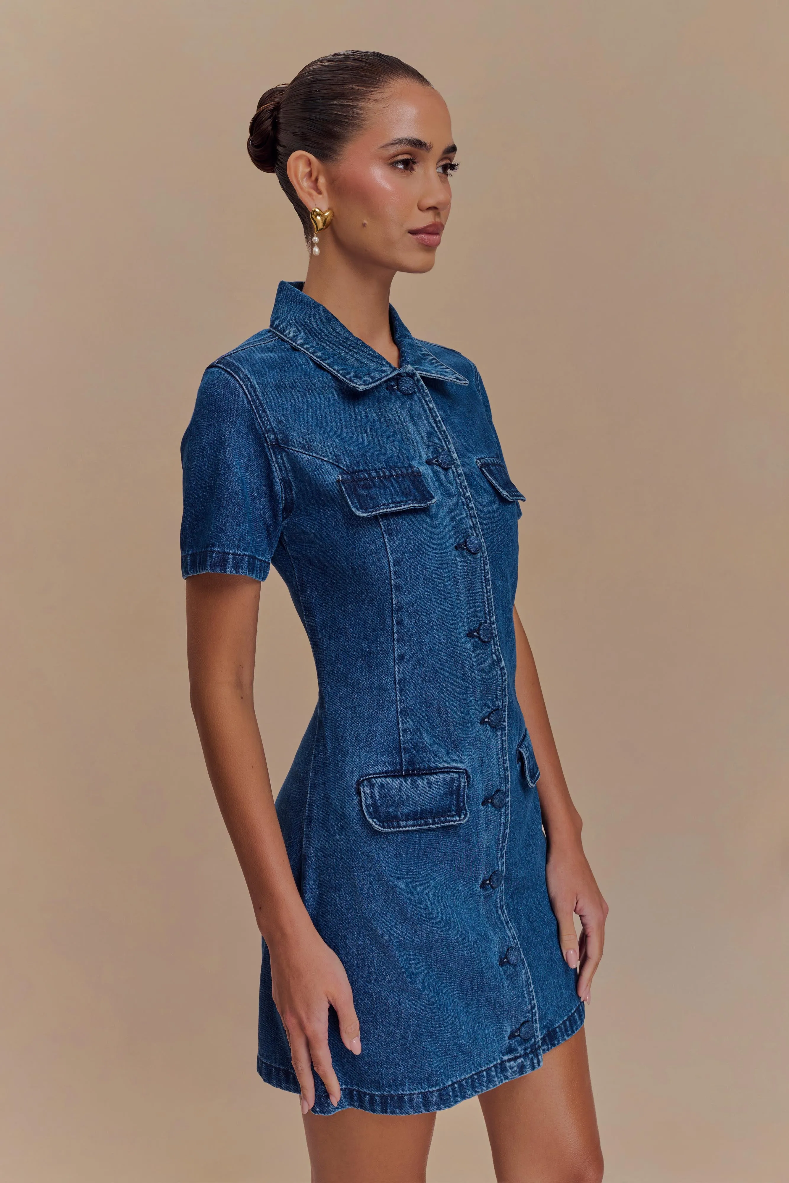 Leighton Denim Button Down Mini Dress - Dark Blue